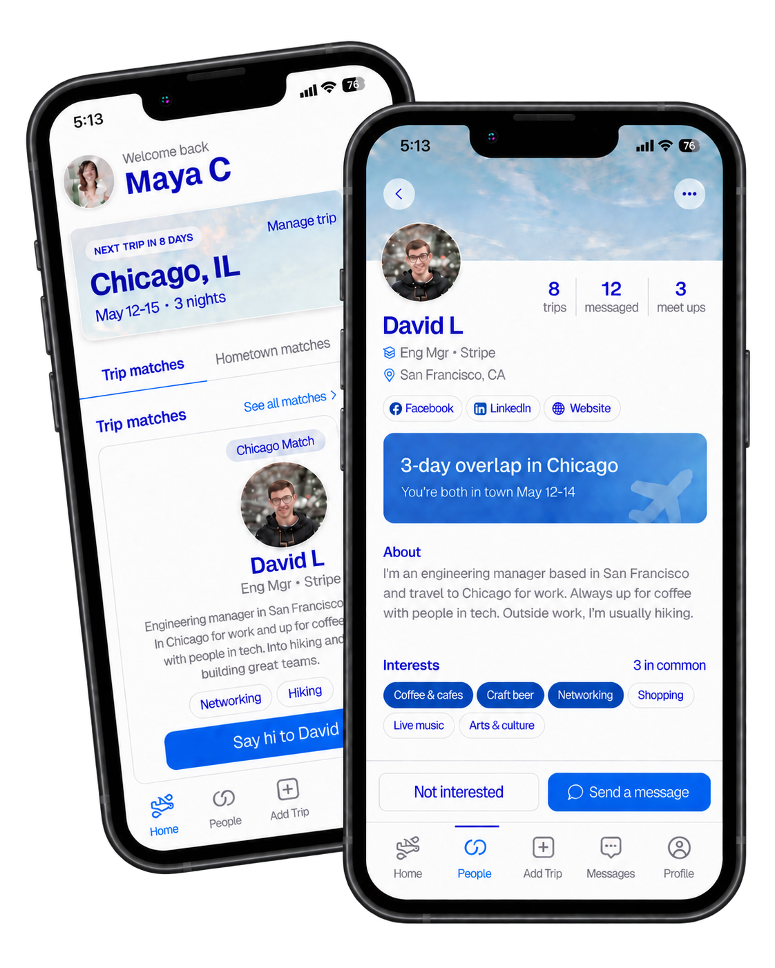 WingBuddies app shown on two phones with trip matches and a professional profile